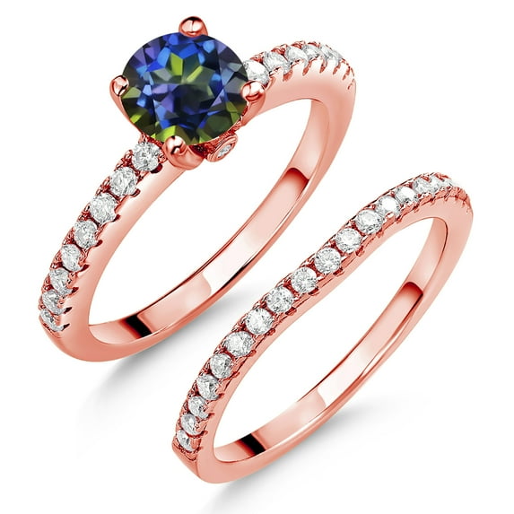 Gem Stone King 18K Rose Gold Plated Silver Blue Mystic Topaz and White Moissanite Wedding Engagement Band Bridal Set Ring for Women (1.49 Cttw, Gemstone, Available in Size 5, 6, 7, 8, 9)