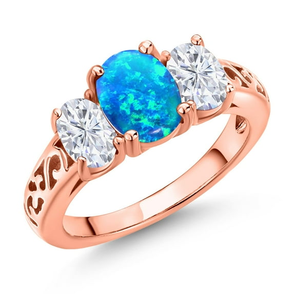 Gem Stone King 18K Rose Gold Plated Silver Blue Opal and White Moissanite Filigree Style 3 Stone Ring for Women (2.06 Cttw, Oval 8X6MM and 6X4MM) (Size 9)
