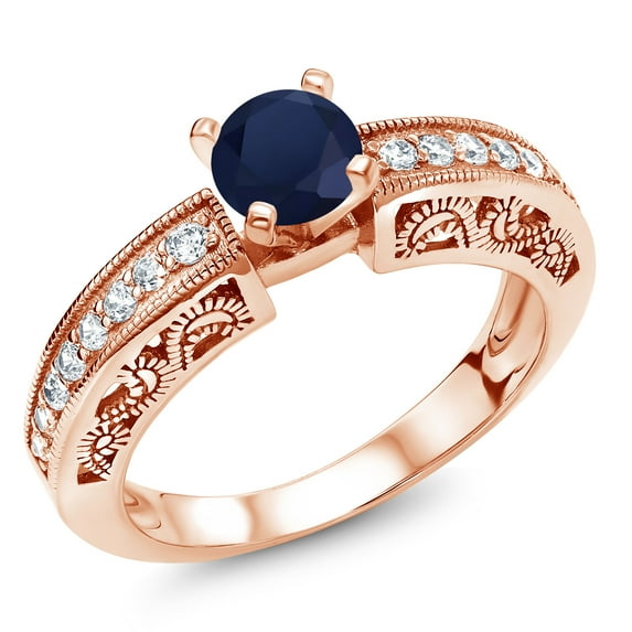 Gem Stone King 18K Rose Gold Plated Silver Blue Sapphire Engagement Filigree Ring for Women (1.69 Cttw, Round 6MM, Gemstone September Birthstone, Size 6)