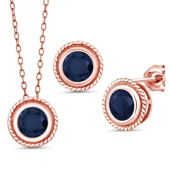 Gem Stone King 18K Rose Gold Plated Silver Blue Sapphire Pendant Earrings Set for Women (3.30 Cttw, Gemstone September Birthstone, Round 6MM, With 18 inch Chain)