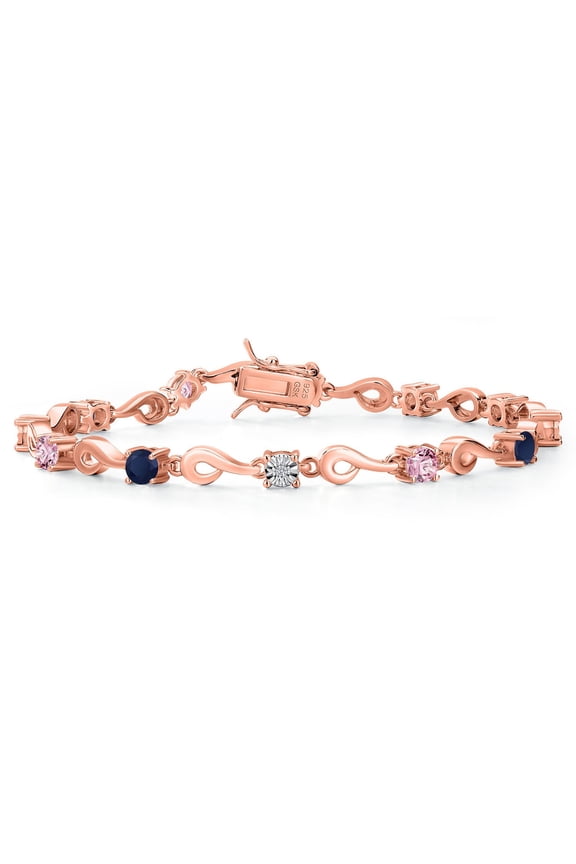 18K Rose Gold Plated Silver Blue Sapphire and Pink and White Lab Grown Diamond Bracelet for Women (2.77 Cttw, Gemstone September Birthstone, Round 4MM, 7.5 inch)