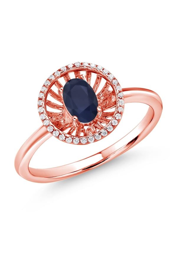 18K Rose Gold Plated Silver Blue Sapphire Ring for Women (1.04 Cttw, Oval 6X4MM, Gemstone September Birthstone, Size 6)