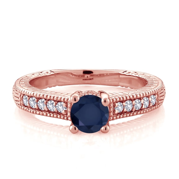 Gem Stone King 18K Rose Gold Plated Silver Blue Sapphire and White Created Sapphire Women's Solitaire Ring with Accent Stones (0.75 Cttw, Round Shape 5MM, Size 7)
