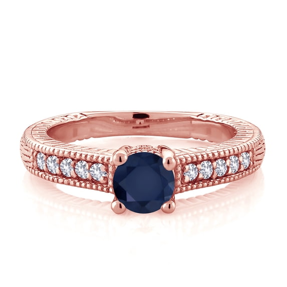 Gem Stone King 18K Rose Gold Plated Silver Blue Sapphire and White Created Sapphire Women's Solitaire Ring with Accent Stones (0.75 Cttw, Round Shape 5MM, Size 8)