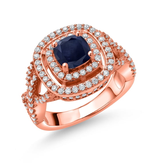 Gem Stone King 18K Rose Gold Plated Silver Blue Sapphire and White Moissanite Ring for Women (2.21 Cttw, Gemstone Birthstone, Cushion Cut 6MM, Available in Size 5, 6, 7, 8, 9)