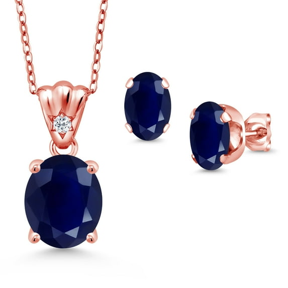 Gem Stone King 18K Rose Gold Plated Silver Blue Sapphire and White Topaz Pendant and Earrings Jewelry Set for Women (8.14 Cttw, Gemstone Birthstone, Oval 11X9MM and 8X6MM with 18 inch Silver Chain)
