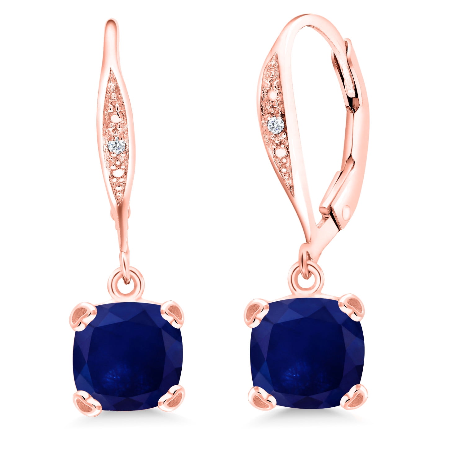 Gem Stone King 18K Rose Gold Plated Silver Blue Sapphire and White Diamond Earrings for Women (4.01 Cttw, Gemstone September Birthstone, Cushion 7MM)