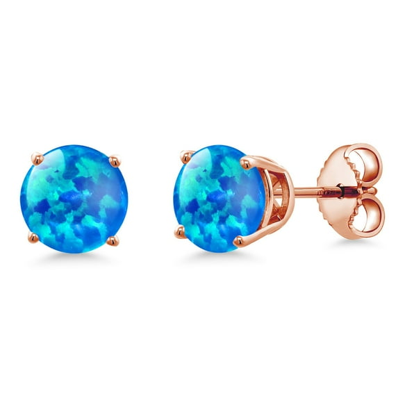 Gem Stone King 18K Rose Gold Plated Silver Blue Simulated Opal Stud Earrings for Women Men (0.60 Cttw, Gemstone October Birthstone, Round Cabochon 6MM)