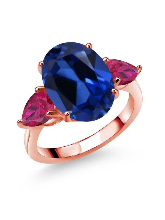 18K Rose Gold Plated Silver Blue Simulated Sapphire and Red Created Ruby Ring for Women (8.00 Cttw, 14X10MM Oval and 7X5MM Pear Shape, Gemstone, Size 5)