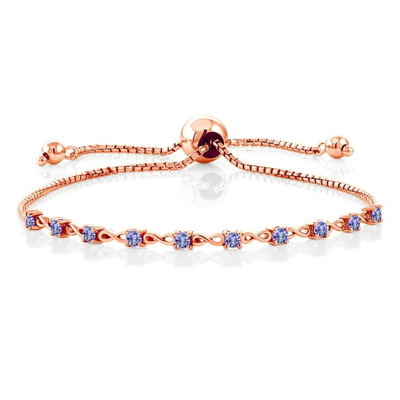 Gem Stone King 18K Rose Gold Plated Silver Blue Tanzanite Adjustable Bracelet for Women (0.80 Cttw, Round 2.5MM, Gemstone December Birthstone, Fits up To 9 inch Wrist)