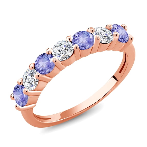 Gem Stone King 18K Rose Gold Plated Silver Blue Tanzanite E-F Lab Grown Diamond Anniversary Ring for Women (1.23 Cttw, Gemstone Birthstone, Size 6)