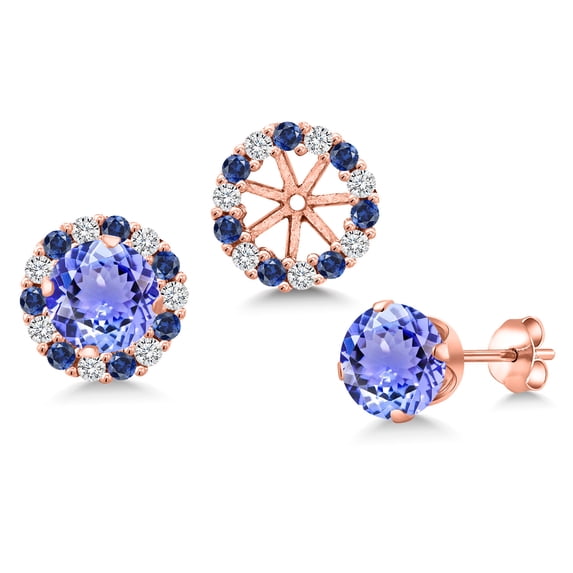 Gem Stone King 18K Rose Gold Plated Silver Blue Tanzanite Earrings with Jackets for Women | 1.80 Cttw | Gemstone December Birthstone | Round 6MM