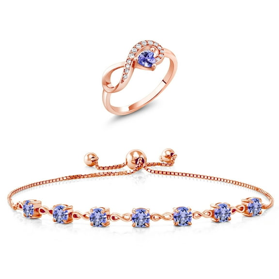 Gem Stone King 18K Rose Gold Plated Silver Blue Tanzanite Ring and Bracelet Jewelry Set for Women | 3.06 Cttw | Gemstone December Birthstone | Heart Shape 4MM | Round 4.5MM | Size 7
