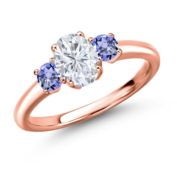 Gem Stone King 18K Rose Gold Plated Silver White Moissanite and Blue Tanzanite Engagement Ring for Women | 1.26 Cttw | Oval 7X5MM | Gemstone Birthstone | Size 9