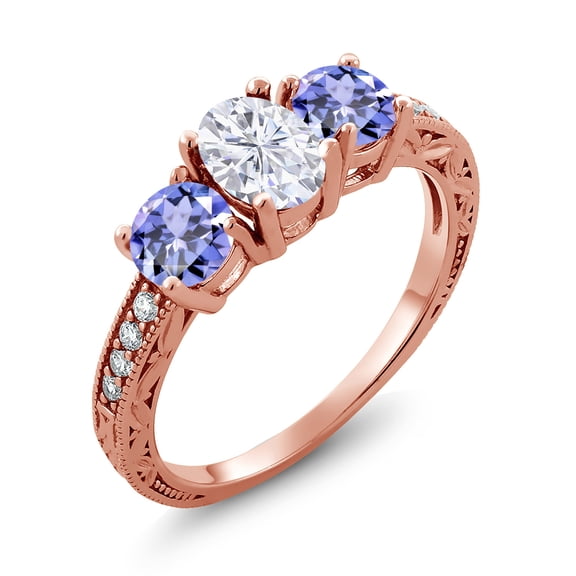 Gem Stone King 18K Rose Gold Plated Silver Blue Tanzanite Ring Set with Moissanite (1.94 Cttw) (Size 9)