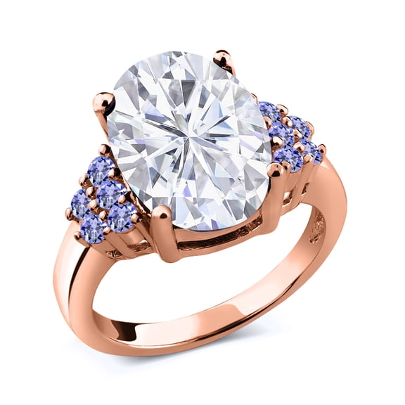 Gem Stone King 18K Rose Gold Plated Silver Blue Tanzanite Ring Set with Moissanite (5.55 Cttw) (Size 6)