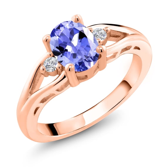Gem Stone King 18K Rose Gold Plated Silver Blue Tanzanite and White Lab Grown Diamond 3 Stone Engagement Ring for Women | 1.24 Cttw | Oval 8X6MM | Round 2MM | Gemstone December Birthstone | Size 5