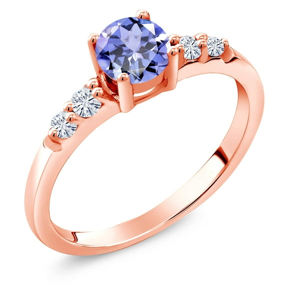 Gem Stone King 18K Rose Gold Plated Silver Blue Tanzanite and White Lab Grown Diamond Engagement Ring for Women (0.61 Cttw, Round 5MM, Gemstone December Birthstone, Size 7)