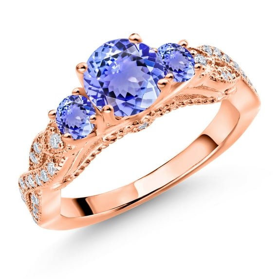 Gem Stone King 18K Rose Gold Plated Silver Blue Tanzanite and White Moissanite Engagement Ring for Women (1.47 Cttw, Gemstone December Birthstone, Round 6MM and 3MM, Size 9)