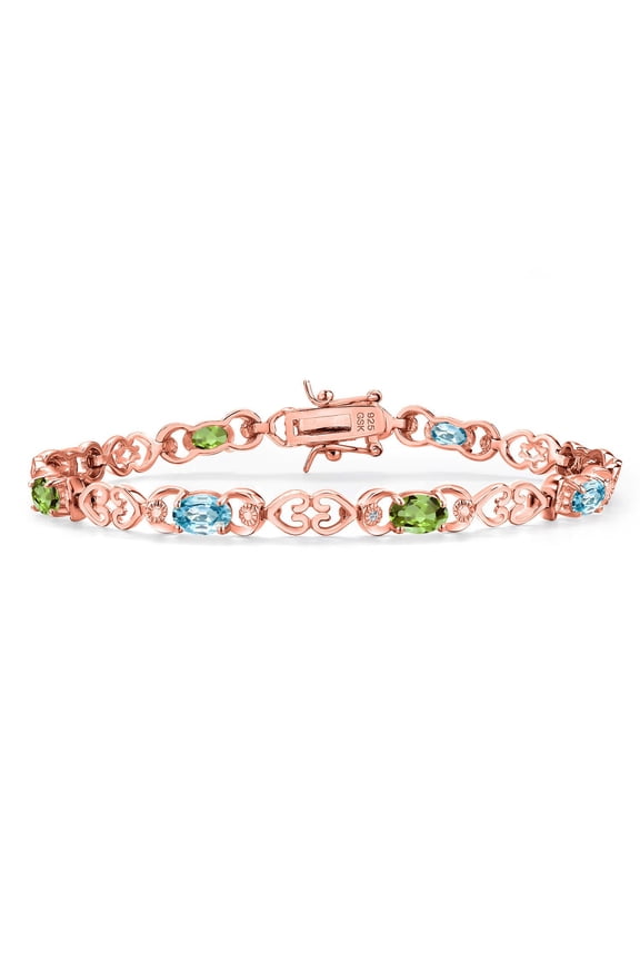 18K Rose Gold Plated Silver Blue Zircon and Green Peridot and Lab Grown Diamond Bracelet for Women | 4.61 Cttw | Gemstone Birthstone | Oval 6X4MM | Length 7.25 inches