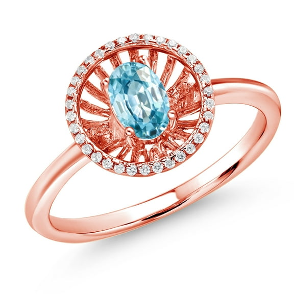Gem Stone King 18K Rose Gold Plated Silver Blue Zircon Ring for Women (1.13 Cttw, Oval 6X4MM, Gemstone December Birthstone, Size 6)