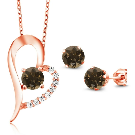 Gem Stone King 18K Rose Gold Plated Silver Brown Smoky Quartz Pendant and Earrings Jewelry Set for Women (2.72 Cttw, Gemstone Birthstone, Round 6MM)