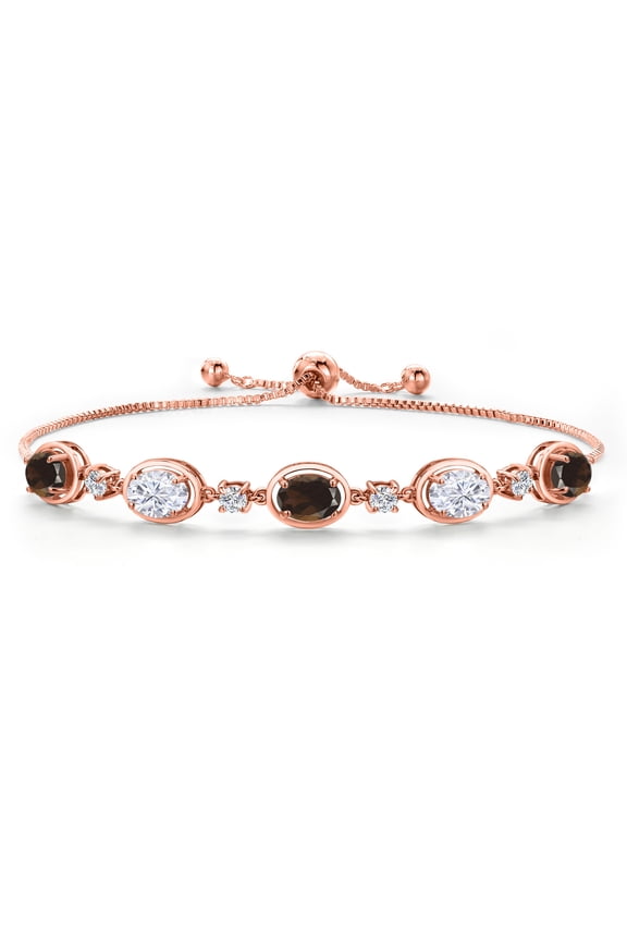 18K Rose Gold Plated Silver Brown Smoky Quartz and White Moissanite Bracelet for Women | 4.05 Cttw | Gemstone Birthstone | Oval 7X5MM | Fully Adjustable 9 inch