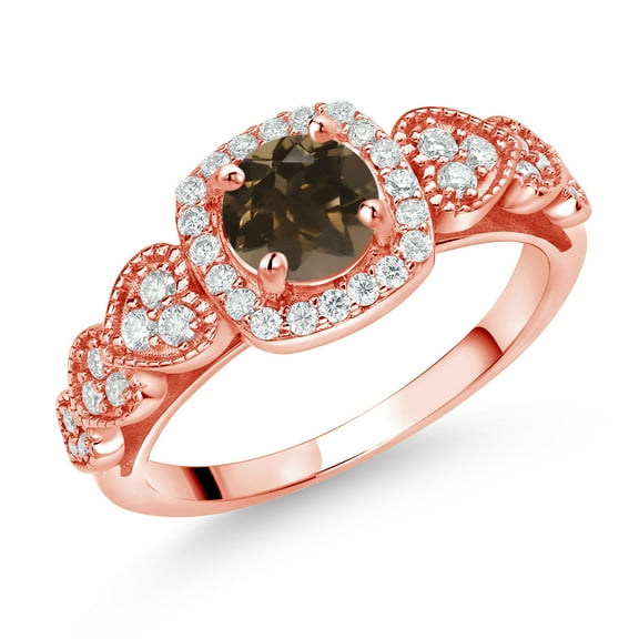 Gem Stone King 18K Rose Gold Plated Silver Brown Smoky Quartz and White Moissanite Engagement Ring for Women (1.18 Cttw, Round 6MM, Gemstone Birthstone, Size 5)