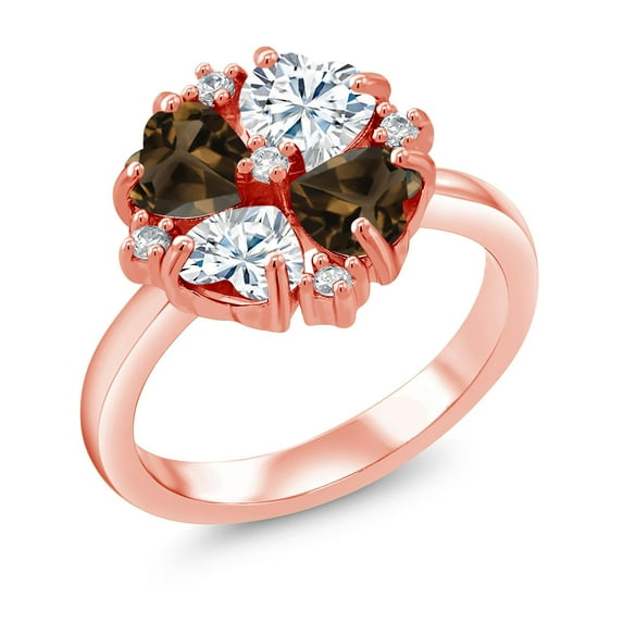 Gem Stone King 18K Rose Gold Plated Silver Brown Smoky Quartz and White Moissanite Ring for Women (1.80 Cttw, Heart Shape 5MM, Gemstone Birthstone, Size 9)
