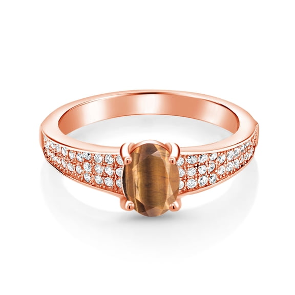 Gem Stone King 18K Rose Gold Plated Silver Brown Tiger Eye Engagement Ring for Women (1.73 Cttw, Oval 8X6MM, Gemstone Birthstone, Size 5)