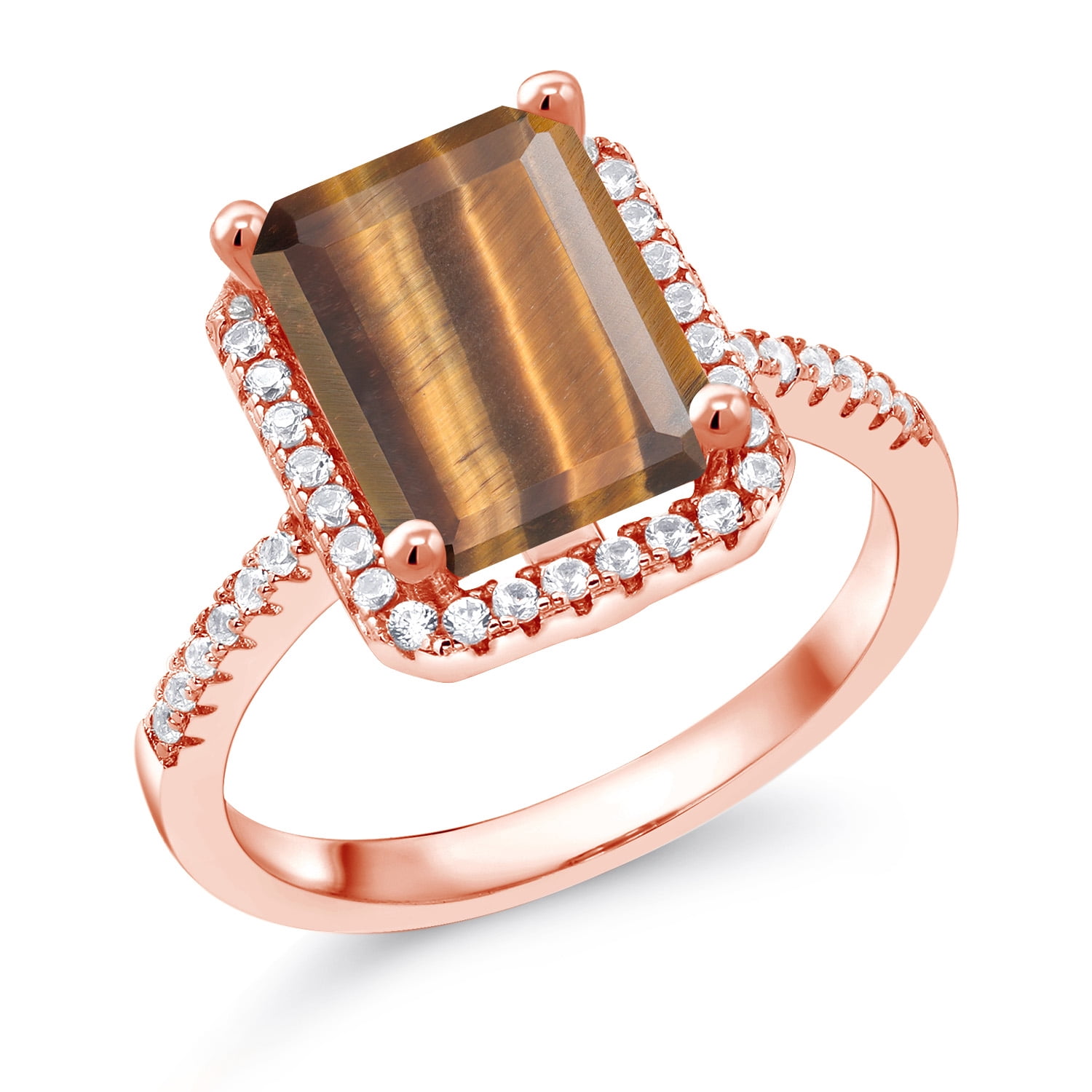 Gem Stone King 18K Rose Gold Plated Silver Brown Tiger Eye Engagement Ring for Women (3.36 Cttw, Emerald Cut 10X8MM, Gemstone Birthstone, Size 5)