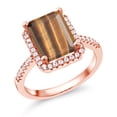 thumbnail image 1 of Gem Stone King 18K Rose Gold Plated Silver Brown Tiger Eye Engagement Ring for Women (3.36 Cttw, Emerald Cut 10X8MM, Gemstone Birthstone, Size 7), 1 of 4