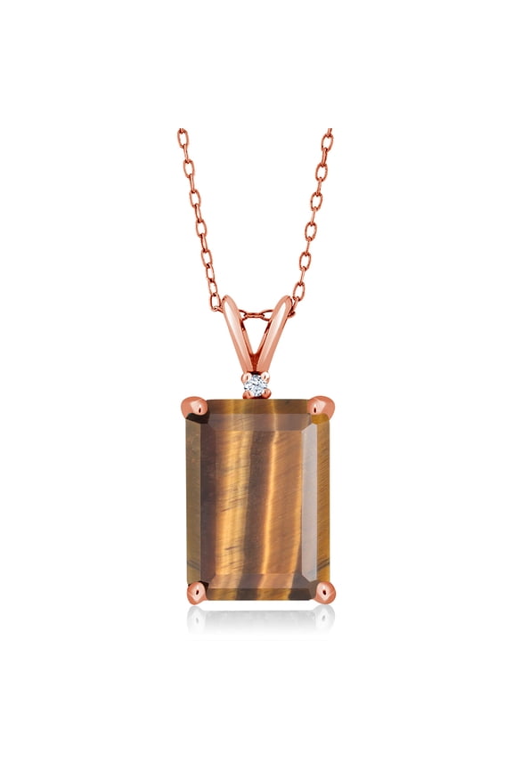 18K Rose Gold Plated Silver Brown Tiger Eye Pendant Necklace for Women (6.52 Cttw, Gemstone Birthstone, Emerald Cut 14X10MM, with 18 inch Silver Chain)