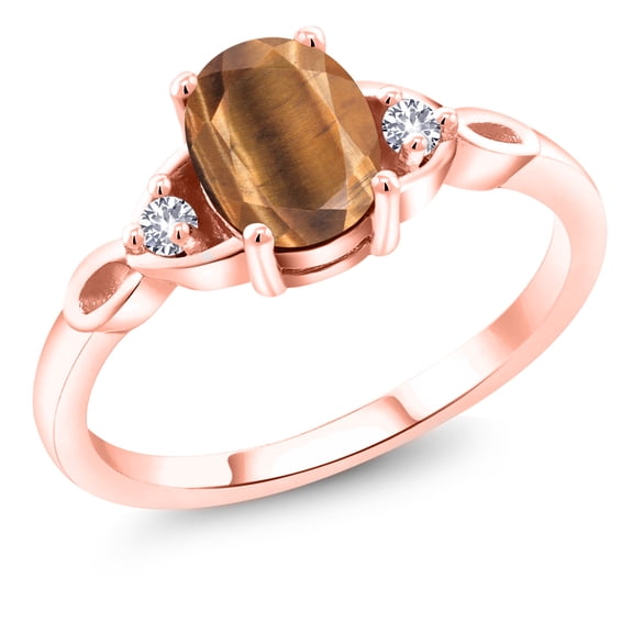 Gem Stone King 18K Rose Gold Plated Silver Brown Tiger Eye and White Created Sapphire 3-Stone Rings for Women (1.33 Cttw, Gemstone, Oval 8X6MM, Size 6)