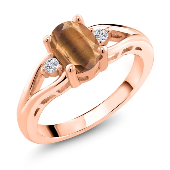 Gem Stone King 18K Rose Gold Plated Silver Brown Tiger Eye and White Lab Grown Diamond 3 Stone Engagement Ring for Women | 1.33 Cttw | Oval 8X6MM | Round 2MM | Gemstone Birthstone | Size 8