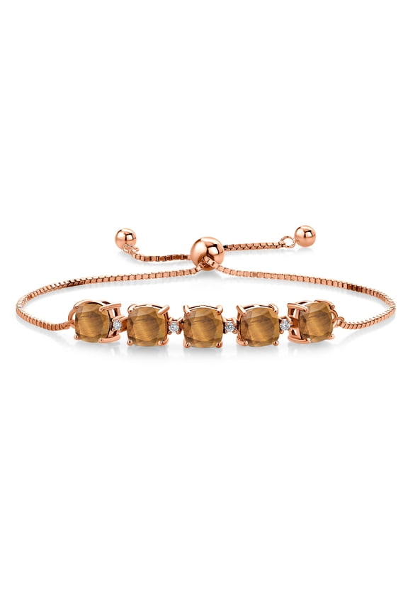 18K Rose Gold Plated Silver Brown Tiger Eye and White Lab Grown Diamond Tennis Bracelet for Women (5.06 Cttw, Cushion 6MM, Gemstone Birthstone, Fully Adjustable up to 9 inch)