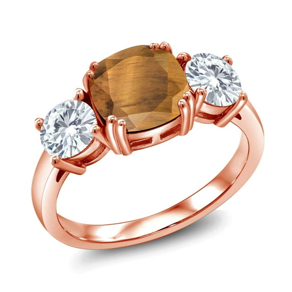 Gem Stone King 18K Rose Gold Plated Silver Brown Tiger Eye and White Moissanite 3 Stone Engagement Ring for Women (3.00 Cttw, Gemstone, Cushion 8MM, Size 8)