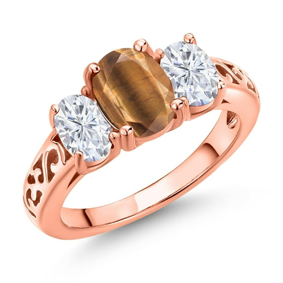 Gem Stone King 18K Rose Gold Plated Silver Brown Tiger Eye and White Moissanite Filigree Style 3 Stone Ring for Women (2.25 Cttw, Oval 8X6MM and 6X4MM) (Size 5)