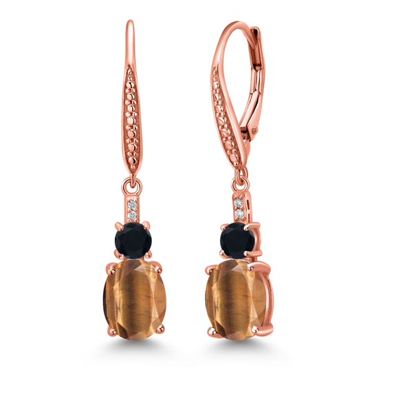 Gem Stone King 18K Rose Gold Plated Silver Brown Tiger Eye and Black Onyx Dangle Earrings for Women with Lab Grown Diamond (3.47 Cttw, Oval 9X7MM)