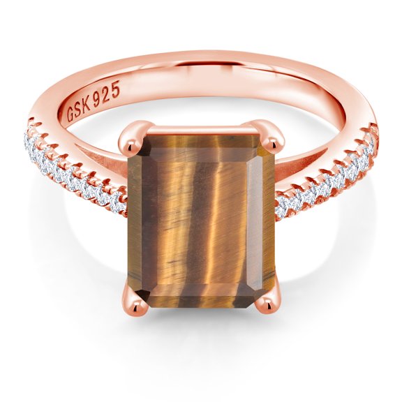 Gem Stone King 18K Rose Gold Plated Silver Brown Tiger Eye and White Created Sapphire Women Ring (3.26 Cttw, Available in Size 5, 6, 7, 8, 9)