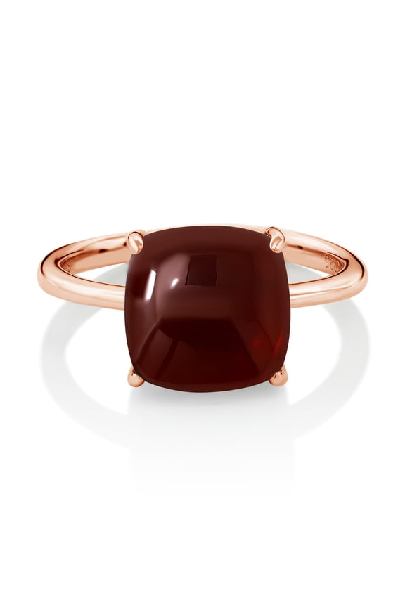 18K Rose Gold Plated Silver Cushion Cabochon Red Garnet Ring for Women | 5.55 Cttw | Gemstone Birthstone | Size 5,6,7,8,9