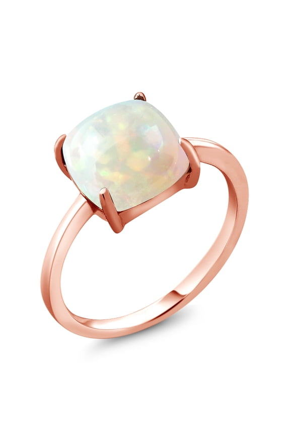 18K Rose Gold Plated Silver Cushion Cabochon White Ethiopian Opal Ring for Women (2.58 Cttw, Size 5)