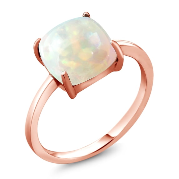 Gem Stone King 18K Rose Gold Plated Silver Cushion Cabochon White Ethiopian Opal Ring for Women (2.58 Cttw, Size 7)