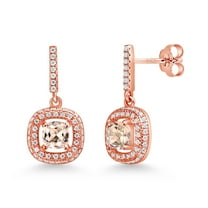 Gem Stone King 18K Rose Gold Plated Silver Dangle Earrings Cushion Morganite and Moissanite (1.59 Cttw)