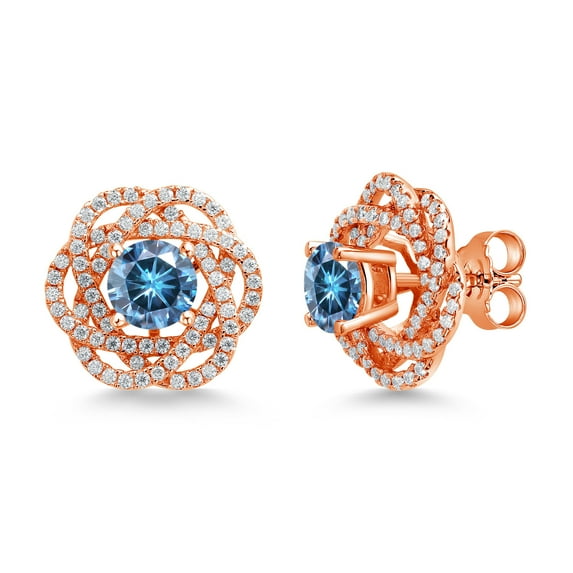 Gem Stone King 18K Rose Gold Plated Silver Earrings Persian Blue Moissanite and Moissanite (2.32 Cttw)