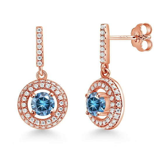Gem Stone King 18K Rose Gold Plated Silver Earrings Persian Blue and White Moissanite (1.51 Cttw)