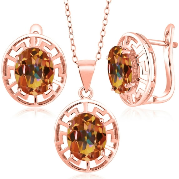 Gem Stone King 18K Rose Gold Plated Silver Ecstasy Mystic Topaz Pendant and Earrings Jewelry Set for Women | 9.60 Cttw | Gemstone November Birthstone | Oval 10X8MM | With 18 inch Chain