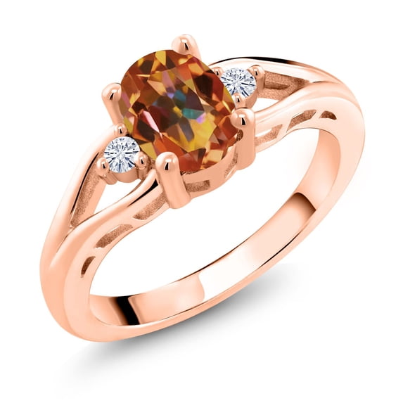 Gem Stone King 18K Rose Gold Plated Silver Ecstasy Mystic Topaz and White Moissanite 3 Stone Engagement Ring for Women | 1.58 Cttw | Oval 8X6MM | Round 2MM | Gemstone November Birthstone | Size 7