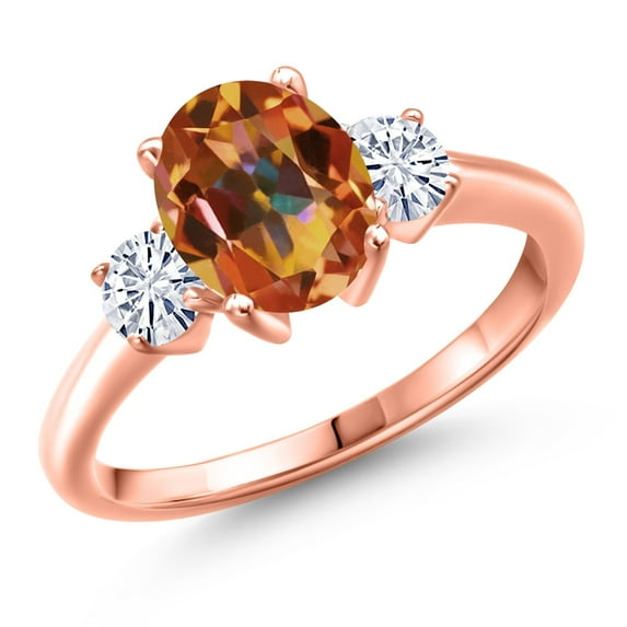 Gem Stone King 18K Rose Gold Plated Silver Ecstasy Mystic Topaz and White Moissanite Engagement Ring for Women | 2.46 Cttw | Oval 9X7MM | Gemstone November Birthstone | Size 7