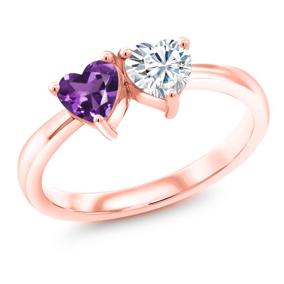 Gem Stone King 18K Rose Gold Plated Silver Fashion Right-Hand Ring Heart Shape Purple Amethyst and White Moissanite | 0.84 Cttw | 5MM Heart | Gemstone Birthstone (Size 6)